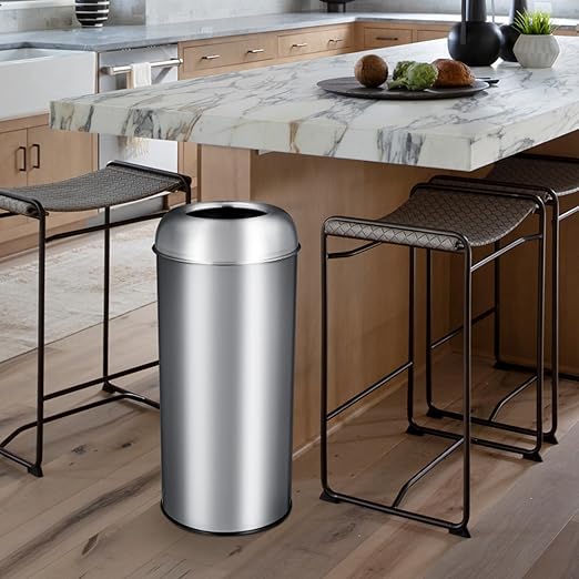 65L/17 Gallon Tall Commercial Trash Can, Large Capacity Outdoor Trash Can with Lid, Round Stainless Steel Open Top Waste Bin, Metal Garbage Bin for Home, Office, Restaurant, Restroom