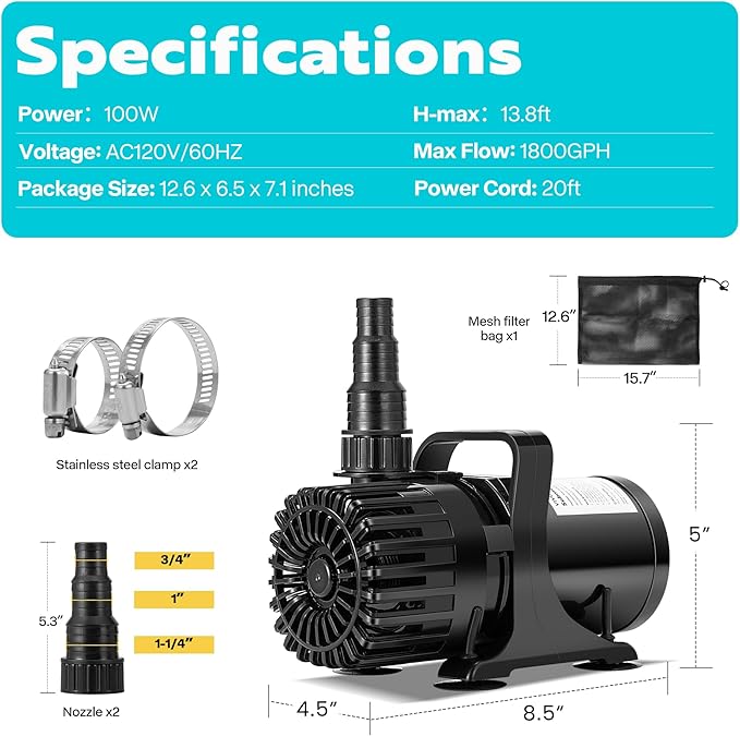 VIVOHOME 100W 1800GPH Submersible Water Pump with 180° Adjustable Water Outlet, 13.8ft High Lift for Waterfall Fountains Fish Tank Pond