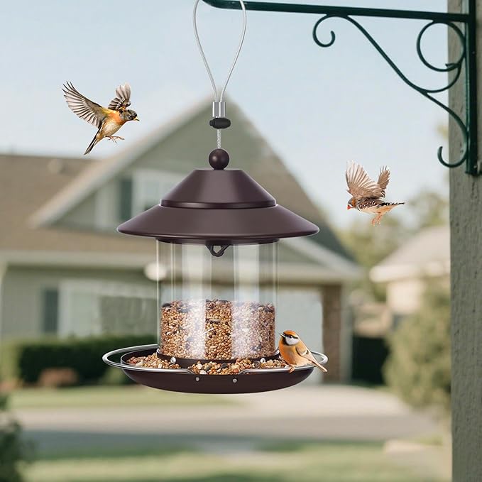 Bird Feeders for Outdoors, Hanging Small Metal Roof Bird Feeder with 2LB Clear Tube Seed Capacity for Viewing Cardinal Finch, Wild Birdfeeders for Outside Garden Yard Decoration