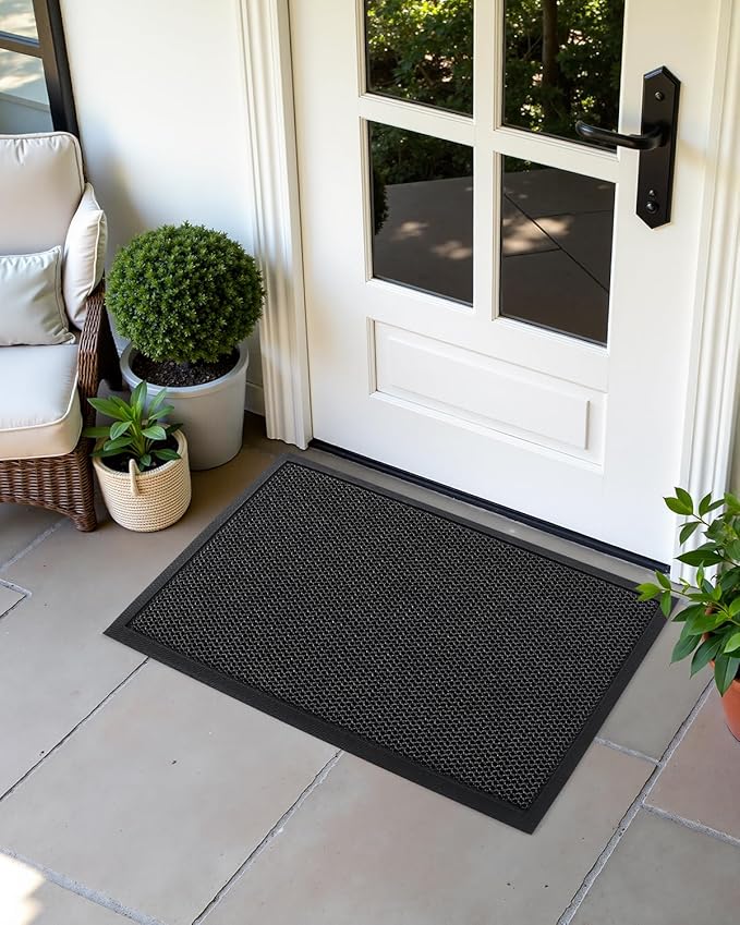 Color&Geometry Small High Stretch Elastic Silk Doormat, Front Door Mat Outside Entrance, Outdoor Door Mat for Patio,Quick-Dry & Heavy-Duty, Non-Slip Rubber Doormat, 17"x30" Black Grey