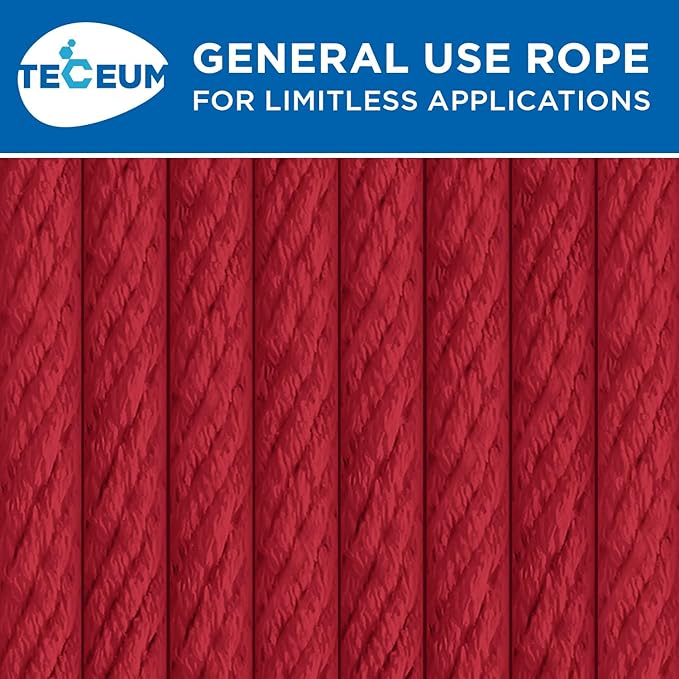 TECEUM Cotton Rope 3/16” (5 mm) – 50 FT – Strong All-Purpose Braided Rope – Natural Cotton – for Crafting, Сamping, Clothes Line, DIY, Indoor & Outdoor Use – Red