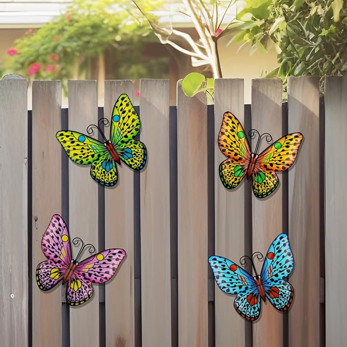 HKKDKTA Metal Butterfly Wall Decor, 4 Pack Outdoor Metal Wall Art Butterfly Decorations for Backyard Patio Fence Garden Balcony