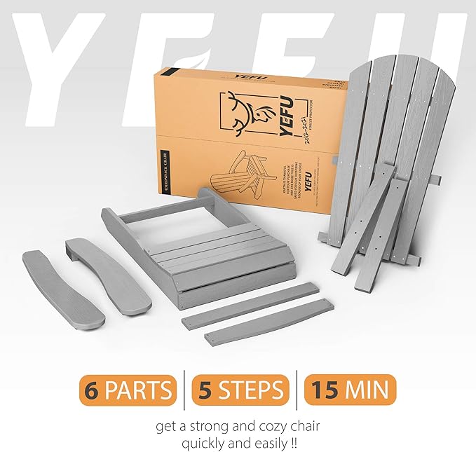 YEFU Adirondack Chair Weather Resistant: Outdoor Chair HIPS Plastic Adirondack Chairs - Patio Chairs with Wood Texture - Lawn Fire Pit Deck Porch Garden Chairs for Adults (Grey)