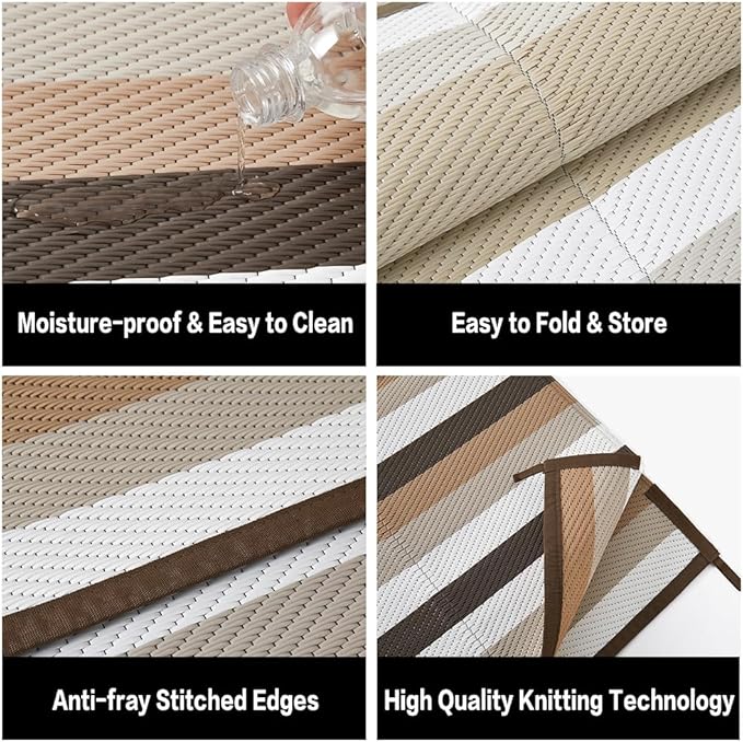 HUGEAR Outdoor Waterproof Rug 6'x9' Plastic Straw Rugs Washable Reversible Floor Mat Brown Stripe Carpet for Camping RV Deck Entryance Porch Picnic Balcony Beach Backyard