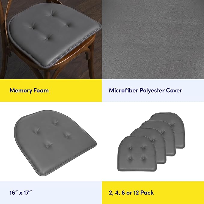 Sweet Home Collection Chair Cushion Memory Foam Pads Tufted Slip Non Skid Rubber Back U-Shaped 17" x 16" Seat Cover, 6 Pack, Faux Leather Gray