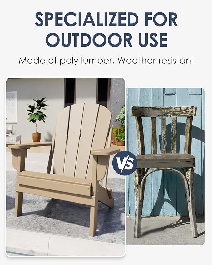 Folding Adirondack Chairs Set of 2, All-Weather Resistant HDPE Patio Firepit Chairs, Sturdy Outside Chairs with Cup Holder, Lawn Chairs, 80% Pre-installed Load Capacity 385lb, Weathered Wood