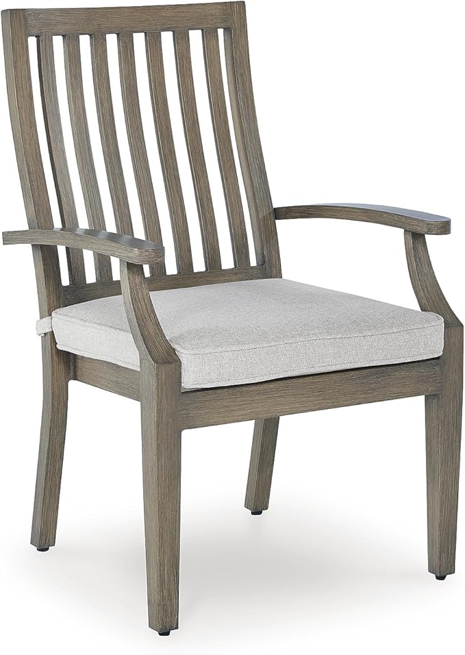 Signature Design by Ashley Rainier Ranch Contemporary Rust Resistant Aluminum High Back Outdoor Arm Chair with Loose Seat Cushion, Set of 2, Nuvella Weather Resistant Fabric, Light Brown & Beige