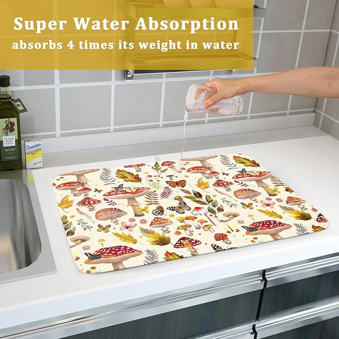 Magic Mushroom Dish Drying Mats Botanical Decorative Absorbent Drying Pad Microfiber Kitchen Sink Rack Mats 18 X 24 Inch