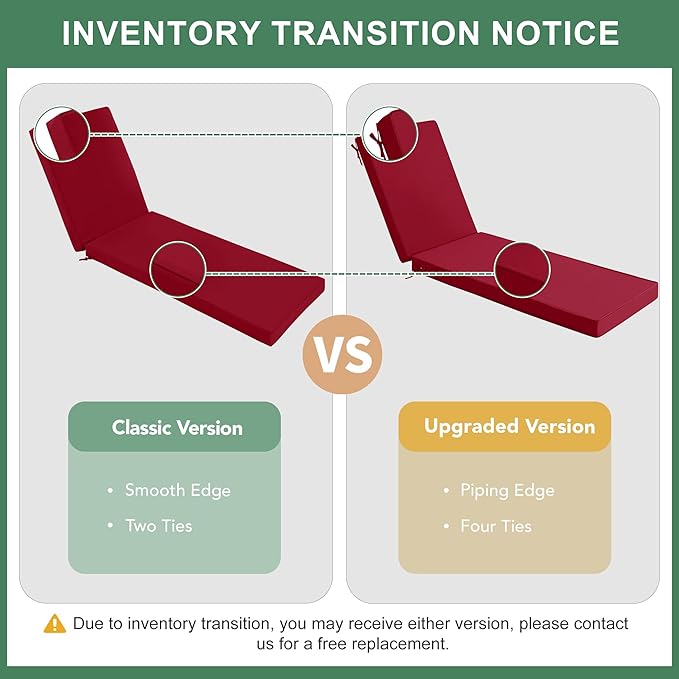 Chaise Lounge Cushions Outdoor Set of 2 - Waterproof and Fade Resistant Sun Lounger Replacement Cushions - Patio Lounger Pads with Removable Cover for Pool, Deck, Lawn, 72 x 21 x 3 Inch, Red