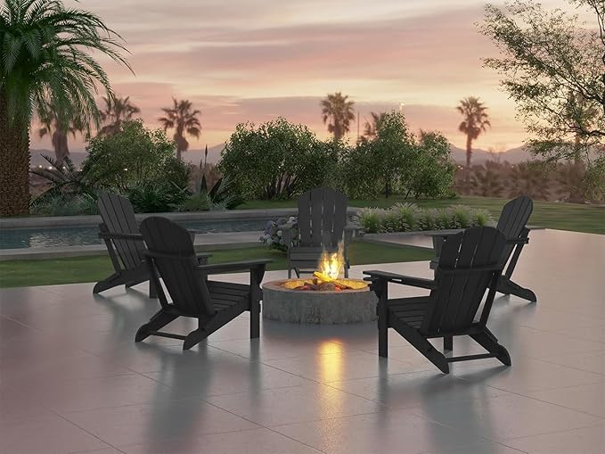Ciokea Folding Adirondack Chair 6 Pack, Patio Adirondack Chair Weather Resistant, Plastic Fire Pit Chair with Cup Holder, Lawn Chair for Outdoor Porch Garden Backyard Deck (Black)