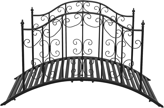 VINGLI Garden Bridge Metal Yard Arch Path Bridge with Patterned Guardrails, Ourdoor Decorative Black Iron Foot Bridge for Pond and Backyard Landscaping-4FT