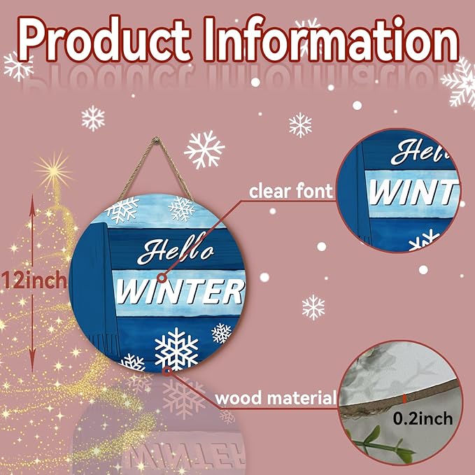 Hello Winter Door Sign for Front Door Blue Snowflakes Scarf Door Hanger Winter Wooden Porch Wall Hanging Sign for Home Outdoor Xmas Decoration 12x12 Inch