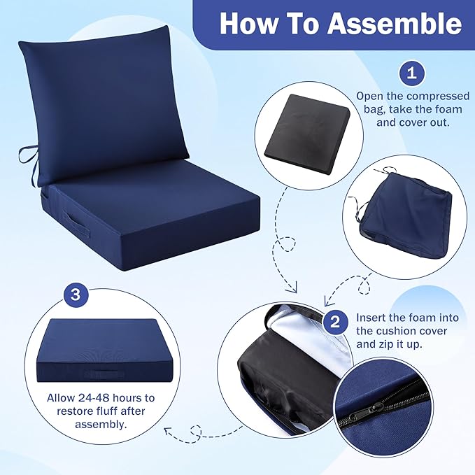 Outdoor Seat Cushion Set, Waterproof & Fade Resistant Patio Chair Cushions, Outdoors Cushion for Patio Furniture, 24 x 24 x 5.75 Inch, Outdoor Couch Cushions with Handle and Ties, Navy Blue