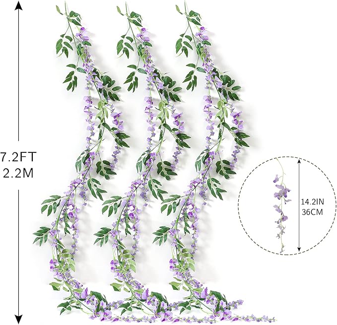 JUSTOYOU 3PCS 7FT Artificial Wisteria Vine Garland Fake Flower Wisteria Garlands for Outdoor Indoor Wedding Wall Badroom Decoration(Purple)