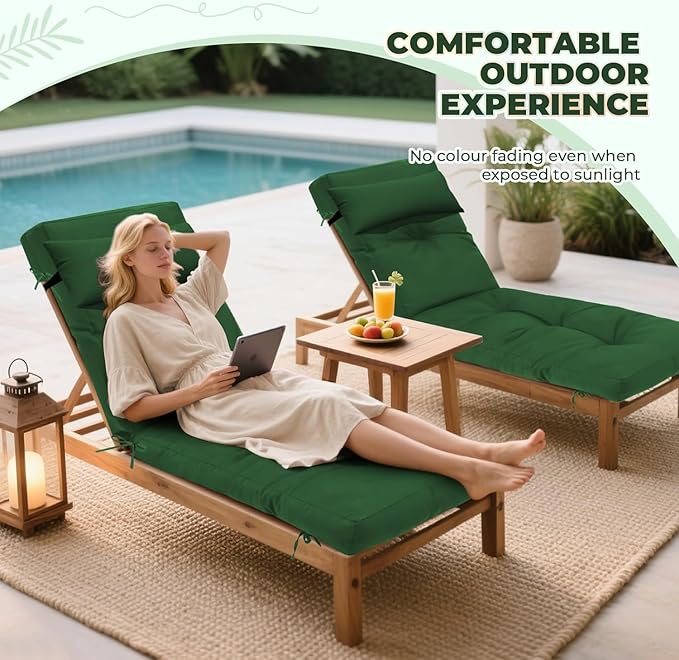 Waterproof Lounge Chair Cushion Outdoor for Chairs, Fade Resistant Chaise Lounger Replacement Cushions with 6 Ties, Thickened Memory Foam Pool Lounge Chair Cushions, 76 x 22 x 4.7 Inches, Green