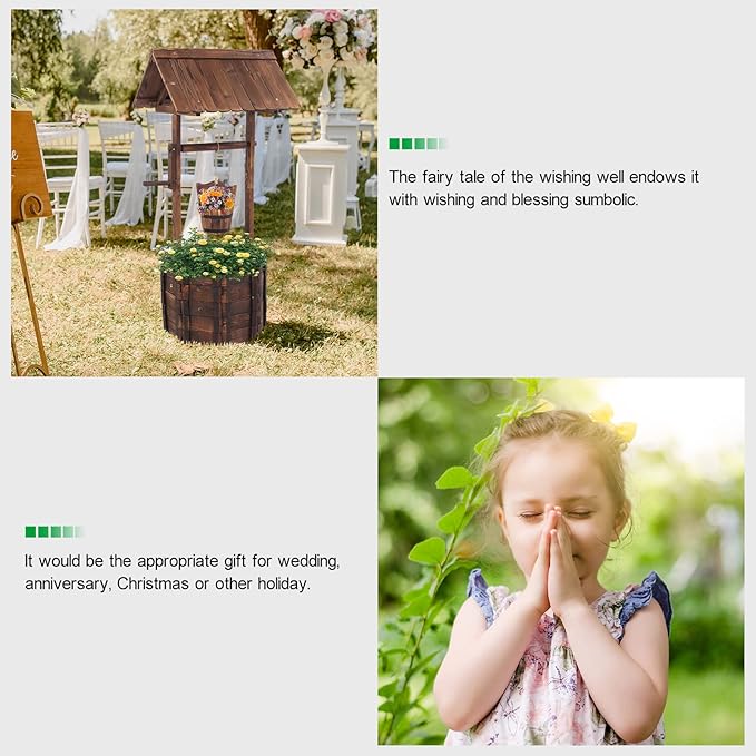 VINGLI Wooden Wishing Well and Garden Bridge Bundle for Outdoor Rustic Wedding Garden Decor Country Theme Style, Ornamental Landscaping Art Project Barrel Planter and Wooden Bridge Set for Backyard