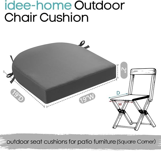 idee-home Outdoor Chair Cushions Set of 4, Thick 19" x 19" x 2" Outdoor Seat Cushions Patio Furniture Waterproof with Ties, Dining Pads