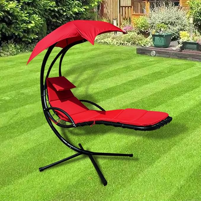 Outdoor Hanging Lounge Chair Cushion with Umbrella – High-Resilience Sponge, Side Pocket, Fade-Resistant, Patio Curved Chaise Hammock Swing Lounger Cushion Pad(Claret)