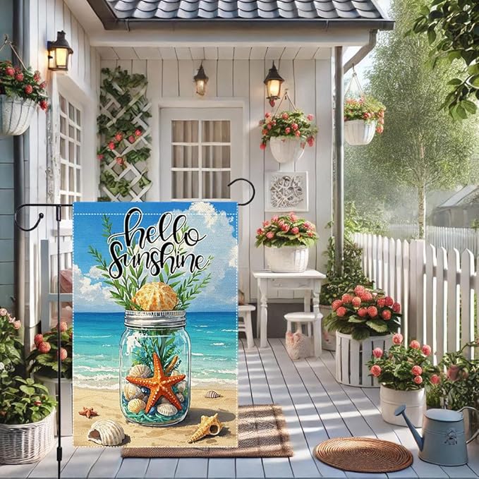 Hello Sunshine Garden Flag Starfish Mason Jar Summer Garden Flags 12x18 inch Vertical Double Sided Sea Shell Coastal Burlap Outdoor Lawn Beach Decorations