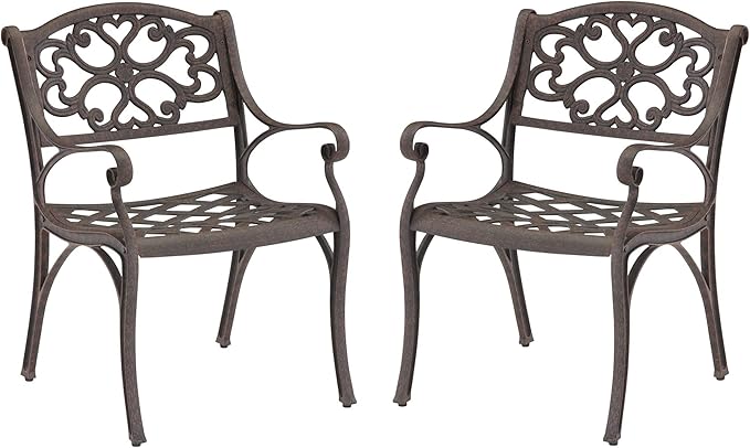 Homestyles Outdoor Cast Aluminum Chairs, 2-Pcs Set, Bronze (Set of 2) with Armrest, Patio Dining Chair Pair for Balcony, Backyard, Deck, Garden