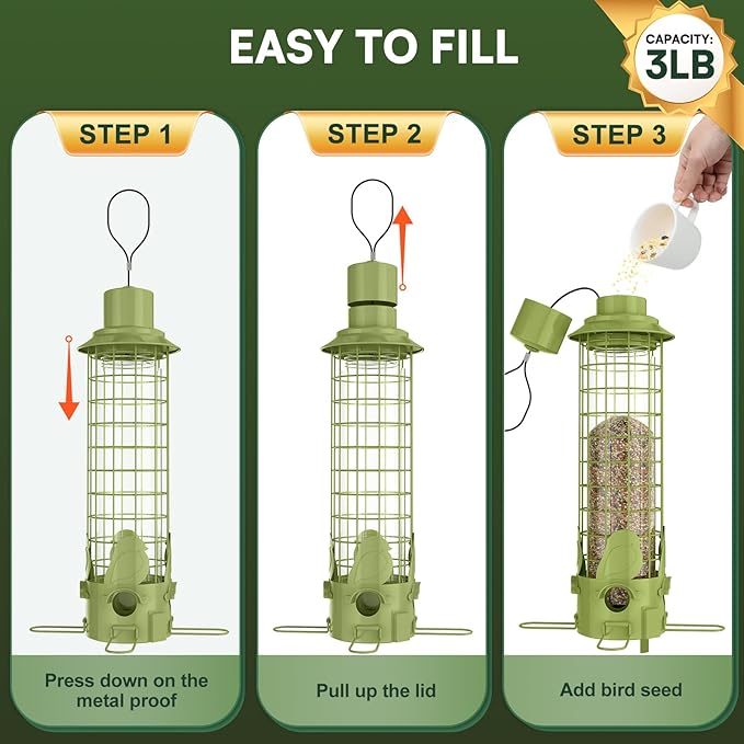 Squirrel Proof Bird Feeders for Outdoors Hanging,Metal Mesh Bird Feeders Weight Activated - Large Tube Wild Bird Feeders Squirrel Proof with 3LB Capacity for Finch, Cardinal, Blue Jay