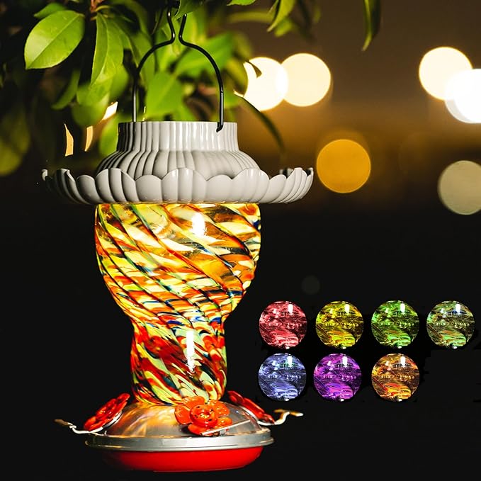 Solar Hummingbird Feeder for Outdoors Hanging Ant and Bee Proof, 25oz Color Changing Light Hand Blown Glass, Leakproof Garden Decor, Gitfs for Bird Lover (Multicolored)