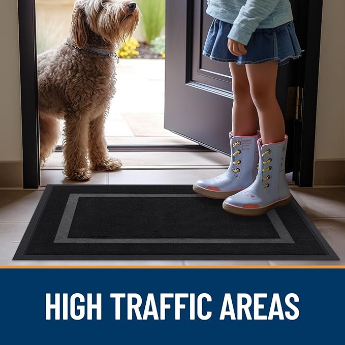 OLANLY Front Door Mat Indoor Outdoor Entrance, Waterproof All-Season, All-Weather Doormat, Sturdy Natural Rubber, Fade Resistant, Low Profile, Easy Clean Patio Porch Entryway Mat, 59x40, Black