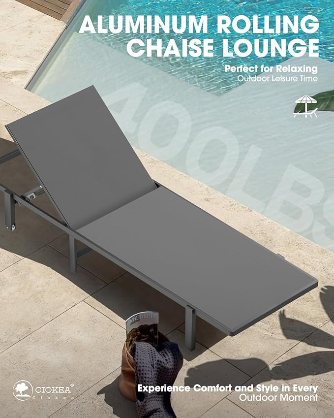 Ciokea Patio Chaise Lounge Chair Set of 2, Outdoor Lounge Chairs with Wheels, 5-Position Adjustable Sun Loungers for Pool, Deck, Beach,Grey