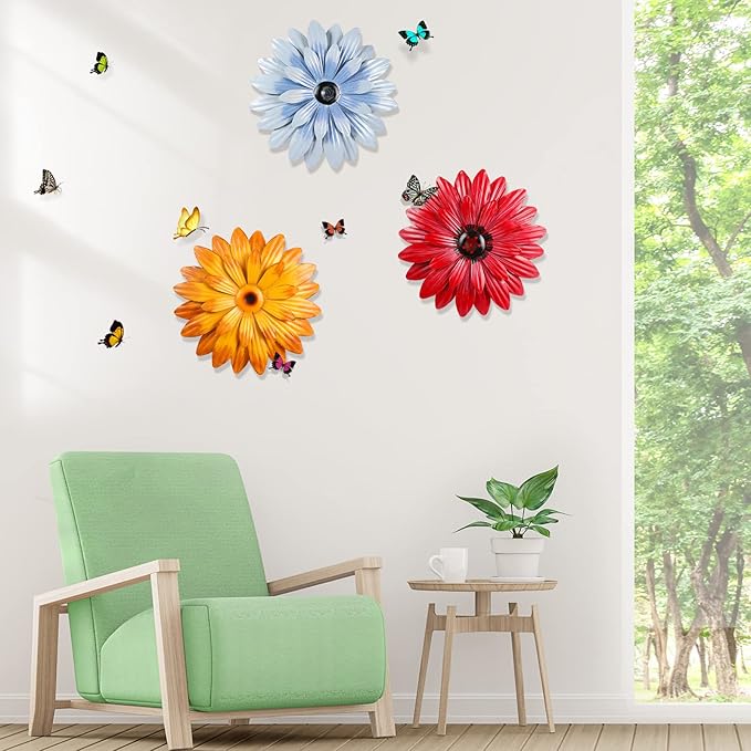 Hotop 3 Pcs Metal Flower Wall Art 3D Metal Daisy Wall Decor Multiple Layer Hanging Flower Rustic Farmhouse Boho Style Decorations for Indoor Outdoor Home Living Room Office Garden, 8 Inches(Retro)