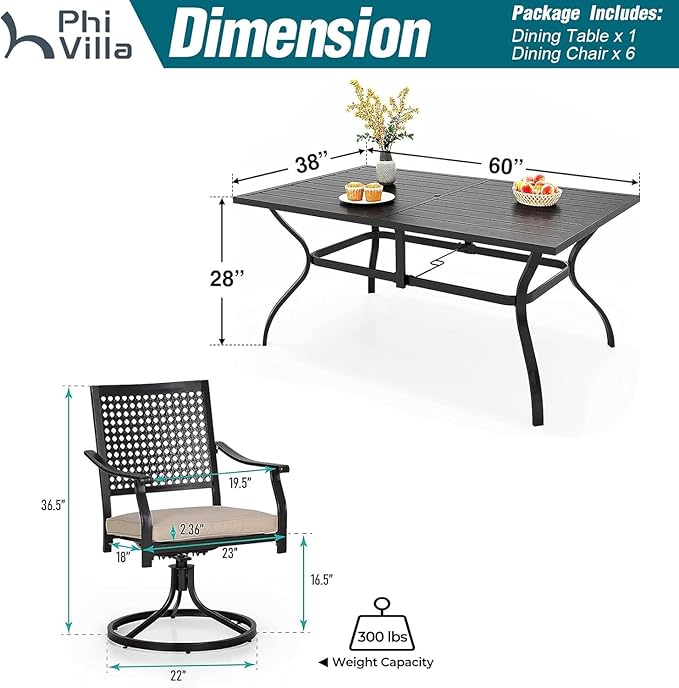 PHI VILLA 7 Pieces Outdoor Dining Set for 6, 60" Rectangle Metal Wrought Iron Table with Umbrella Hole & Swivel Steel Chairs with Cushions, Large Furniture Set for Patio, Deck, Porch, Yard