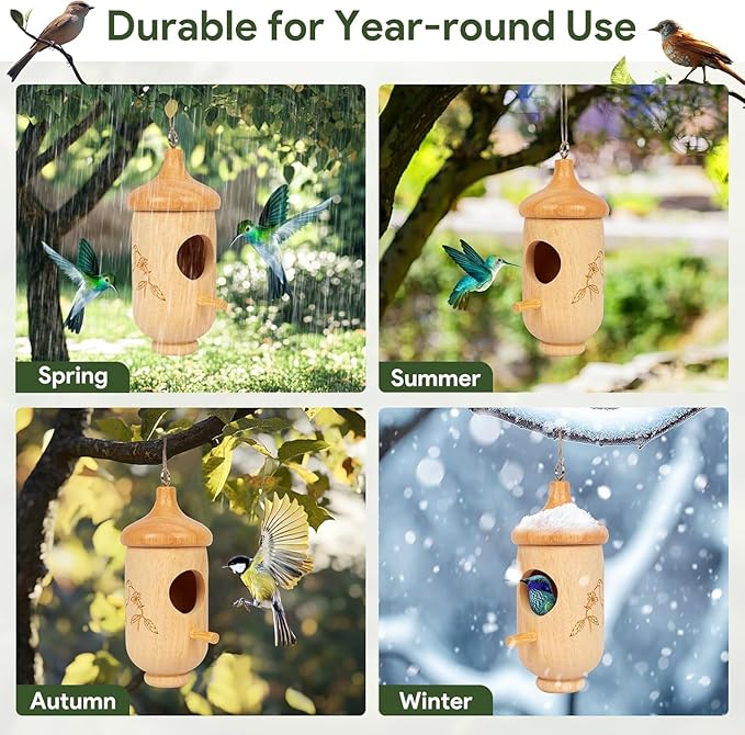 Hummingbird House, Small Hummingbird Houses for Outside, Wooden Bird House with Bow, String, Cute Gardening Gifts Home Decoration
