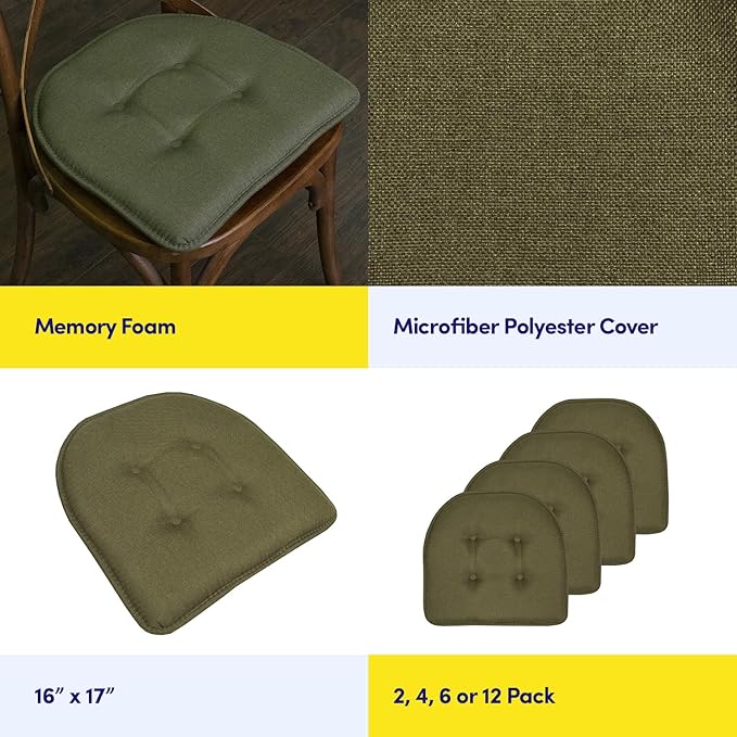 Sweet Home Collection Chair Cushion Memory Foam Pads Tufted Slip Non Skid Rubber Back U-Shaped 17" x 16" Seat Cover, 12 Count (Pack of 1), Army Green