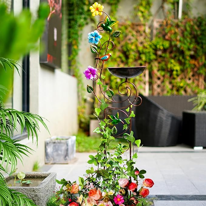 57" Height Metal Bird Bath with Trellis for Outdoor, Vintage Decorative Bird Baths, Small Garden Plant Support, Antique BirdBath for Climbing Plants with Detachable Iron Bowl (Butterfly)