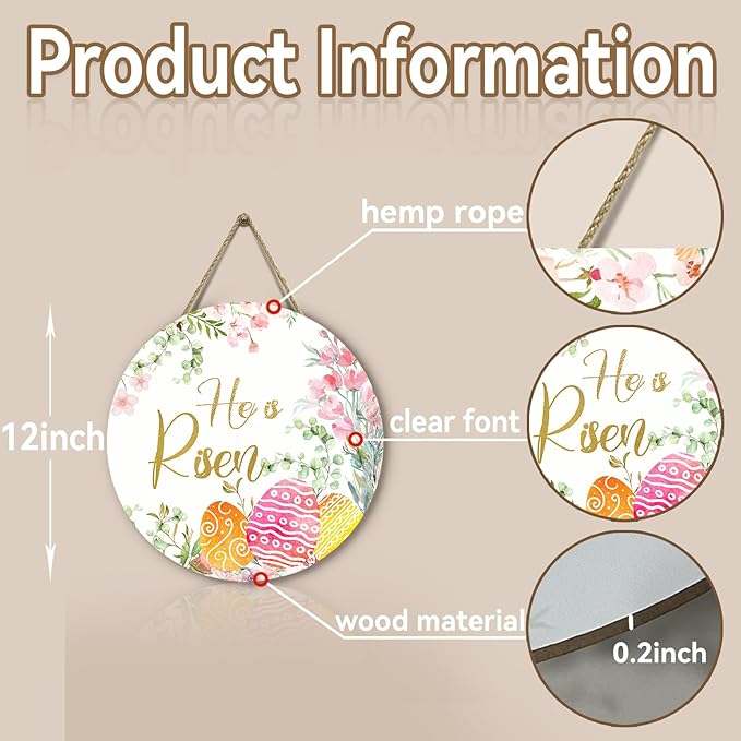 He is Risen Door Hanger Easter Religious Porch Sign Spring Floral and Eggs Door Sign for Front Door Holiday Hanging Decoration for Home Wall Outdoor