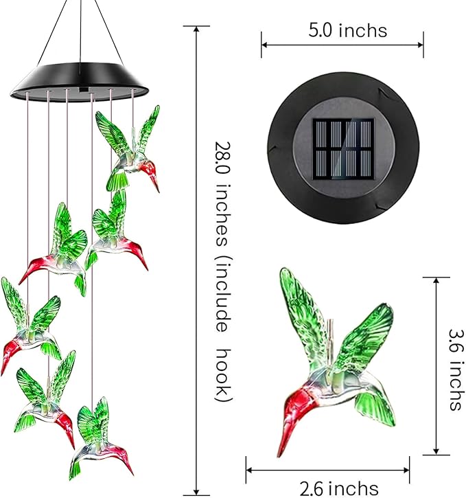 Hummingbird Solar Wind Chimes, Hummingbird Wind Chimes for Outside,Best Gifts for Mom Grandma Women Wife Aunt Sister, Unique Mobile Wind Chime, Garden Yard Decor Green