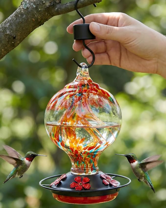 Hummingbird Feeder for Outdoors Hanging, 34 Oz, Hand Blown Gift Inner Glass Décor for Garden, Ant Moat & Bee-Resistant Ports, Decoration Stained Humming Bird Feeders, Sunset Red
