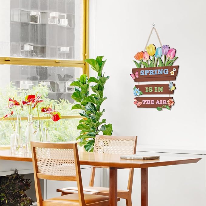 HOURIA Spring Is In The Air Wooden Door Sign(12”x14”),Colorful Tulip Flower Butterfly Spring Wall Hanging Sign,Spring Decorations for Home Garden Porch