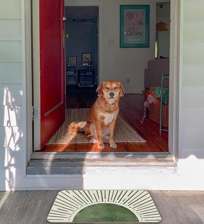 Nogrit Boho Outside Inside Door Mat, Boho Green Welcome Mat Outdoor Front Outside Entrance, Sun Set Indoor Door Mats for Entryway, 17x30 (Green Sun)