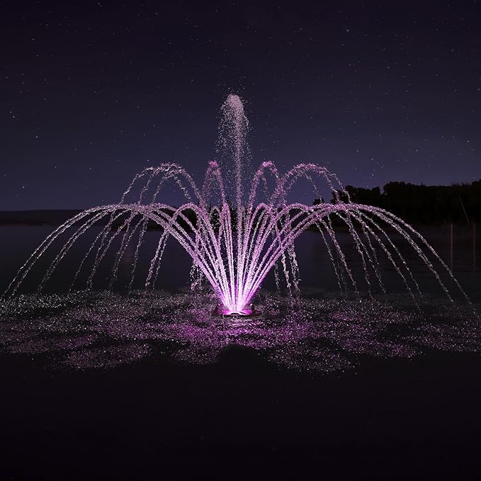 HQUA FS02 120V, 1/4HP, Large Pond Floating Fountain with FSL01 LED RGB Color-Changing Light Sets, 100’ Cord, 9000 GPH, Two Spray Patterns 25'×6' and 13'×4'