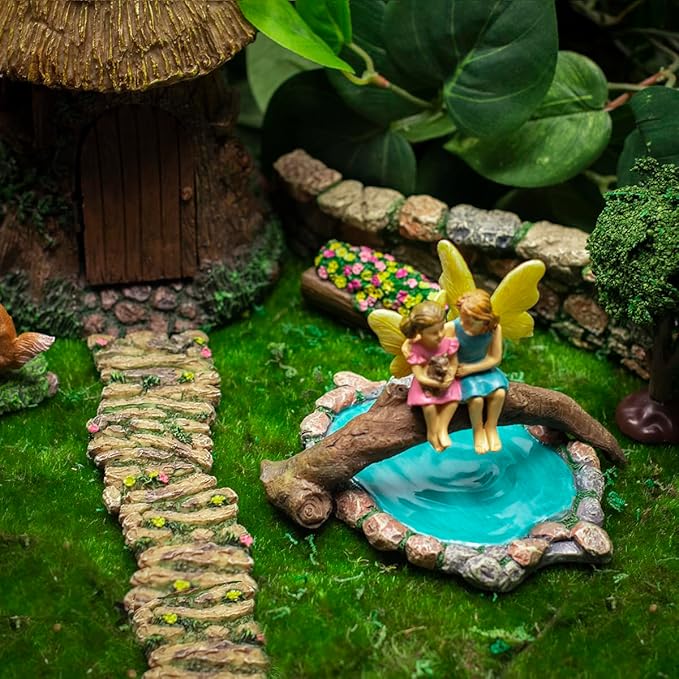 Treasure Gurus Miniature Stone Pond Log Branch Bridge Outdoor Fairy Garden Mini Dollhouse Landscape Decor