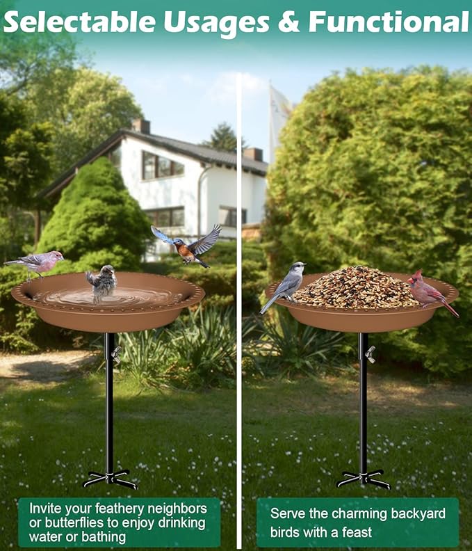 29 Inch Height Detachable Bird Bath with Metal Stake Stand, Oval Shape Birdbath Bowl Spa & Birdfeeder with 5-Prong Base for Outdoor Garden, Brown
