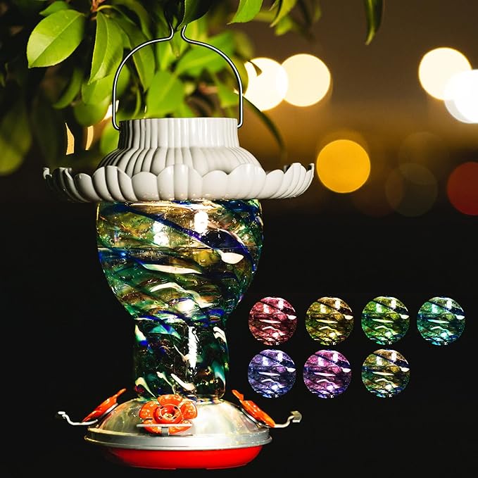 Solar Hummingbird Feeder for Outdoors Hanging Ant and Bee Proof, 25oz Color Changing Light Hand Blown Glass, Leakproof Garden Decor, Gitfs for Bird Lover (Blue)