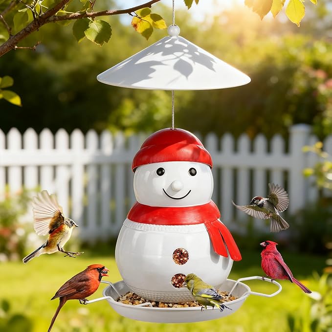 Bird Feeder for Outdoor Hanging, Heavy Duty Metal Wild Bird Feeder with Squirrel Proof Baffle for Outside Hanging, Large Capacity Birdfeeder Garden Yard Decoration, Cute Snowman Shaped
