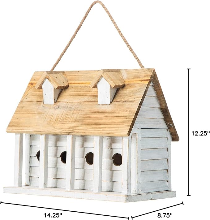 Glitzhome 14.25”L Wood Hanging Birdhouse for Outdoors Oversized Distressed Cottage Painted Bird House Rustic Bird House for Bluebird Wren Chickadee Sparrow Bird Nest Box for Garden Patio, Washed White