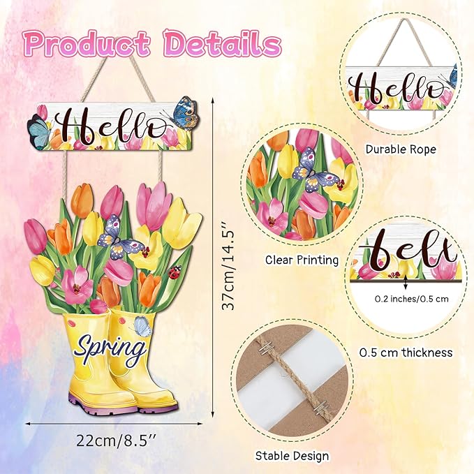 CHDITB Hello Spring Wooden Sign, Floral Butterfly Wooden Hanging Plaque, Tulip Flowers Front Door Hanger, Farmhouse Spring Sign Colorful Tulip Boots Wall Hanging For Porch Garden Fence Shop Decoration