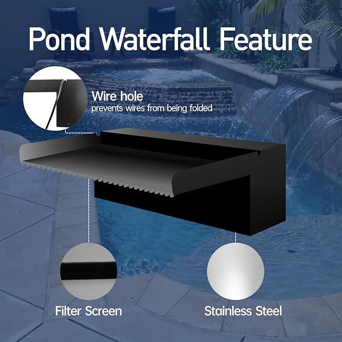 Pool Fountain Stainless Steel Pond Waterfall Spillway Kits for Indoor/Outdoor Decorative, 12 Inches Black Pool Water Feature for Garden Patio, Backyard Koi Pond Decor(No LED Light)