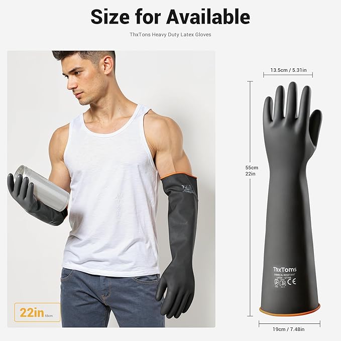 ThxToms Heavy Duty Latex Gloves,Long Rubber Gloves, Chemical Resistant Gloves,Puncture Resistant, Resist Acid,Oil,Alkali, Waterproof for Industrial Cleaning, Medical, Gardening,22", 1 Pair
