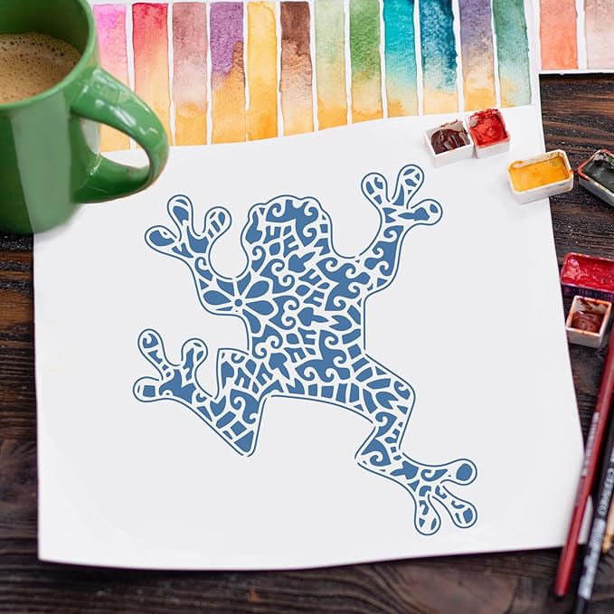 FINGERINSPIRE Frog Mandala Stencils - 11.8x11.8 inch Plastic DIY Reusable Stencils for Painting on Wood, Floor, Wall