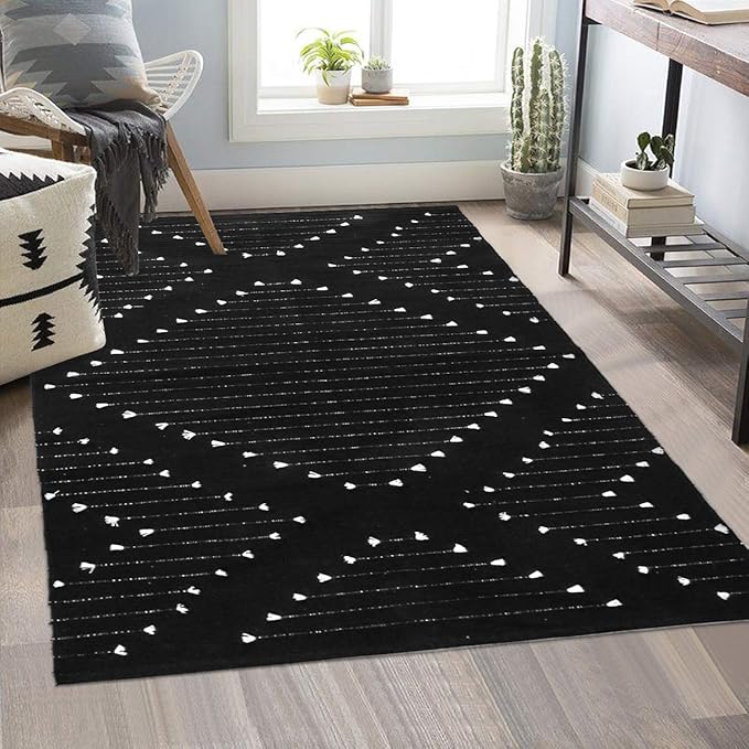 LIVEBOX Boho Black Rug 5x7, Large Washable Rugs for Living Room, Cotton Woven Bedroom Carpet, Moroccan Indoor Thin Throw Area Rugs for Dining Room,Dorm