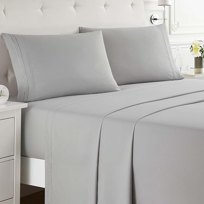 Clara Clark Full XL Bed Sheet Set - Wrinkle, Fade, Stain Resistant, Deep Pocket Sheets - Luxury Soft Bedding Sheets & Pillowcases, Full XL Silver Gray